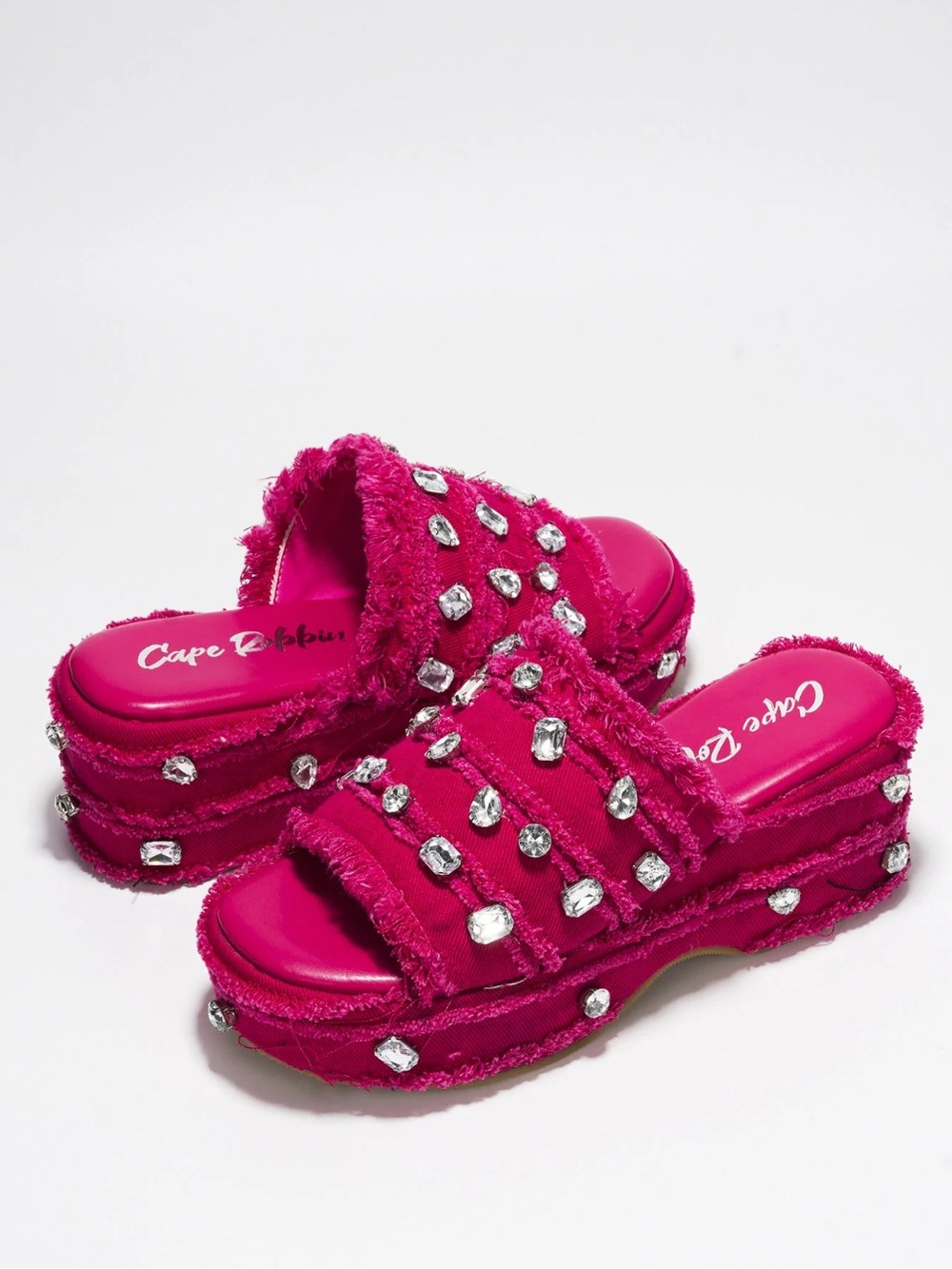 •CAPE ROBBIN• “Magnollia” Raw Hem Platform Rhinestone Slide Sandals-Pink // NIB